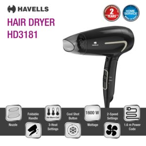 Havells HD3181 1600 W Unisex Foldable Hair Dryer; 3 Heat (Hot/Warm/Cold) Settings including Cool Shot Button; Heat Balance Technology (Black)